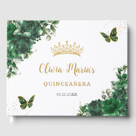 Emerald Green Floral Butterfells Gold Quinceanera Gästebuch