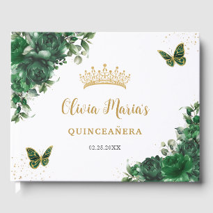 Emerald Green Floral Butterfells Gold Quinceanera Gästebuch