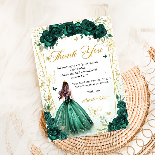 Emerald Green Floral Butterfells Quinceañera Dankeskarte