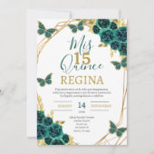 Emerald Green Floral Butterfells Quinceañera Einladung (Vorderseite)