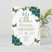 Emerald Green Floral Butterfells Quinceañera Einladung (Stehend Vorderseite)