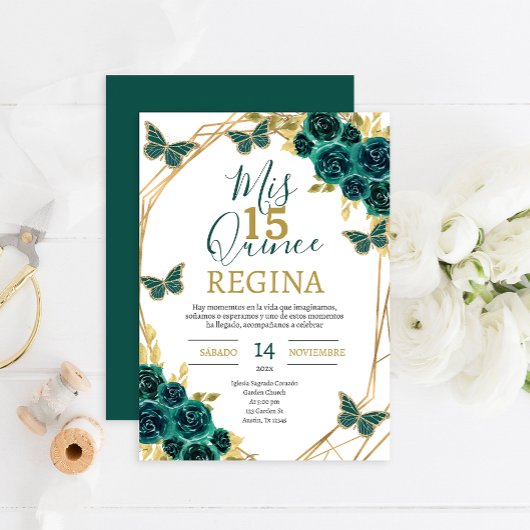 Emerald Green Floral Butterfells Quinceañera Einladung