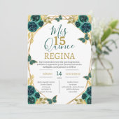 Emerald Green Floral Butterfells Quinceañera Einladung (Stehend Vorderseite)