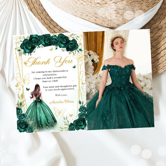 Emerald Green Floral Butterfells Quinceañera Foto Dankeskarte