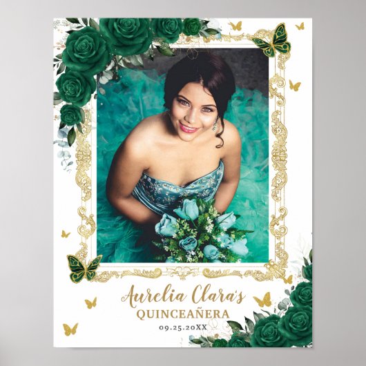 Emerald Green Floral Butterfells Quinceanera Foto Poster (Vorne)