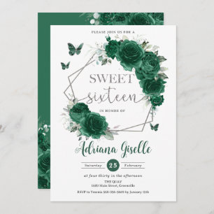 Emerald Green Floral Butterflies Sweet 16 Birthday Einladung