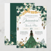 Emerald Green Floral Butterfly Elegantes Quinceane Einladung (Vorne/Hinten)