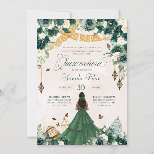 Emerald Green Floral Butterfly Garden Eleganter Ta Einladung (Vorderseite)