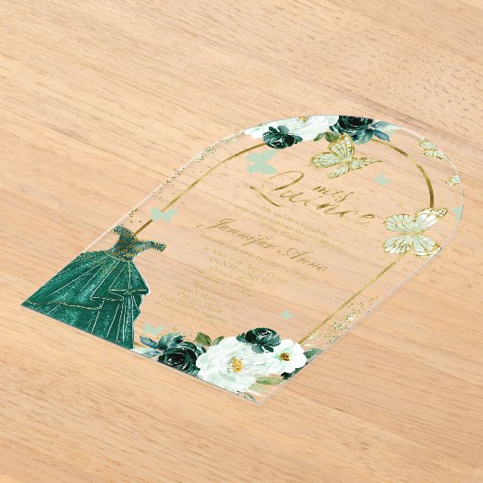 Emerald Green Floral Butterfly Quinceañera Acryleinladungen (Ablage )