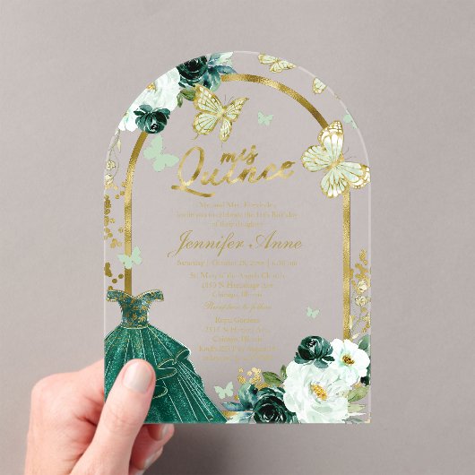 Emerald Green Floral Butterfly Quinceañera Acryleinladungen (Insitu (Handheld))