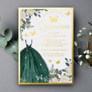 Emerald Green Floral Butterfly Quinceanera Gold Folieneinladung