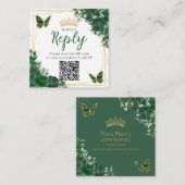 Emerald Green Floral Butterfly Quinceanera QR Code Begleitkarte (Vorne/Hinten)