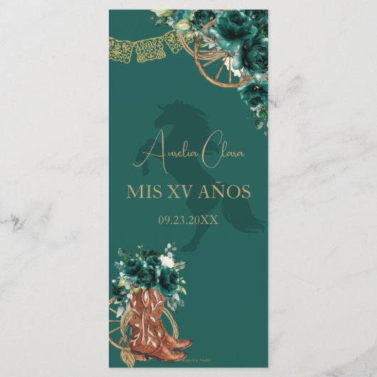 Emerald Green Floral Charro Quinceañera XV Menü Programm (Rückseite)