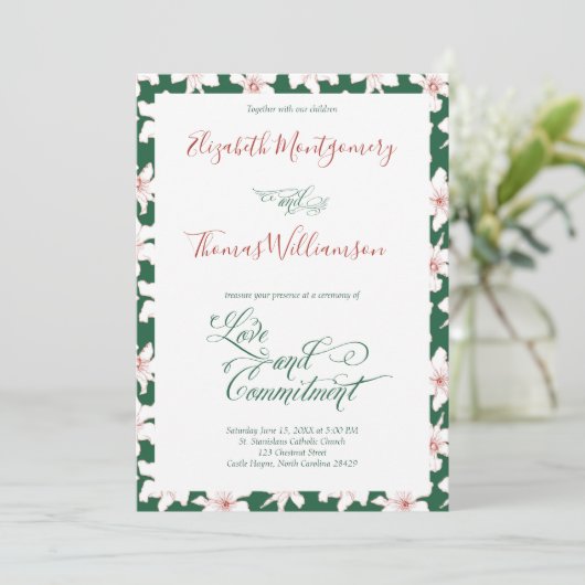 Emerald Green Floral Commitment Zeremonie Einladung (Stehend Vorderseite)