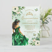 Emerald Green Floral Dress Butterfly Quinceañera Einladung (Stehend Vorderseite)