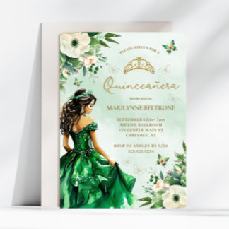 Emerald Green Floral Dress Butterfly Quinceañera Einladung