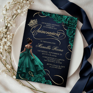 Emerald Green Floral Dress Quinceañera Einladung