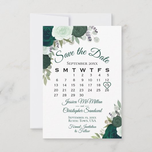 Emerald Green Floral Elegant Boho Wedding Calendar Save The Date (Vorderseite)