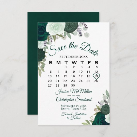 Emerald Green Floral Elegant Boho Wedding Calendar Save The Date (Vorne/Hinten)