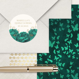 Emerald Green Floral Elegant Quinceanera Runder Aufkleber