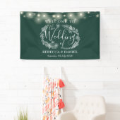 Emerald Green Floral Garland Script Wedding Banner (Insitu)