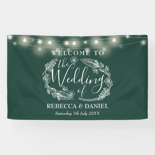 Emerald Green Floral Garland Script Wedding Banner (Horizontal)
