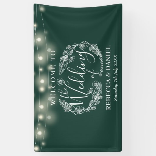 Emerald Green Floral Garland Script Wedding Banner (Vertikal)