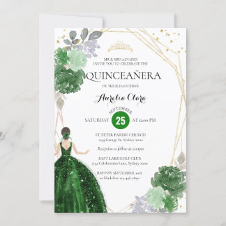 Emerald Green Floral Geometric Foto Quinceañera Einladung