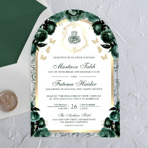Emerald Green Floral Gold Arch Muslim Wedding Acryleinladungen