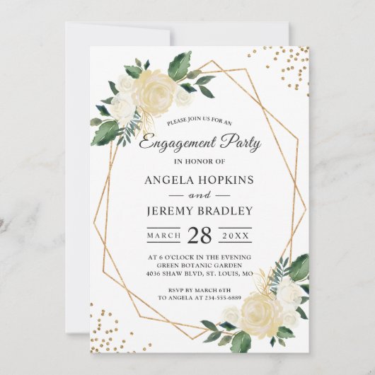 Emerald Green Floral Gold Frame Engagement Party Einladung (Vorderseite)