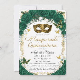 Emerald Green Floral Gold Masquerade Quinceañera Einladung