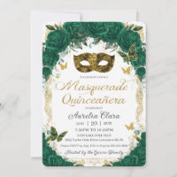 Emerald Green Floral Gold Masquerade Quinceañera