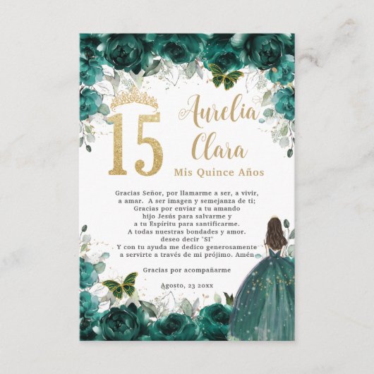 Emerald Green Floral Gold Quinceañera Gebet Card Begleitkarte (Vorderseite)
