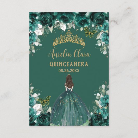 Emerald Green Floral Gold Quinceañera Gebet Card Begleitkarte (Rückseite)