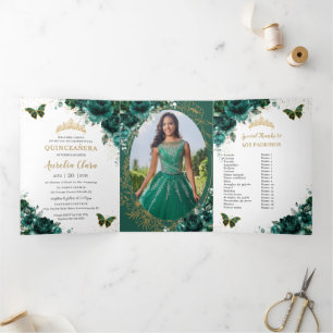 Emerald Green Floral Gold Quinceñera 15 Fotos Dreifach Gefaltete Einladung