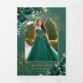 Emerald Green Floral Gold Quinceñera 15 Fotos Dreifach Gefaltete Einladung (Cover)