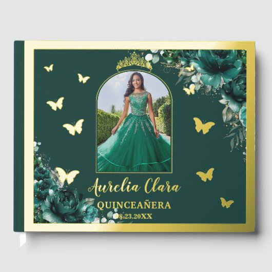 Emerald Green Floral Gold Quinceñera Quince Foto Gästebuch (Vorderseite)