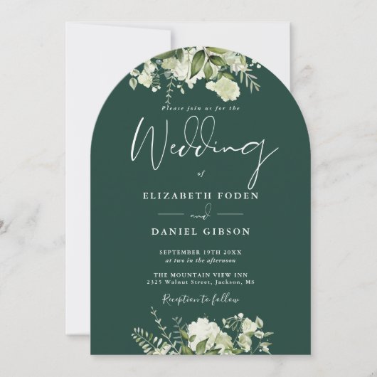 Emerald Green Floral Greenery QR Code Wedding Arch Einladung (Vorderseite)