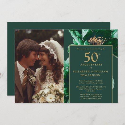 Emerald Green Floral Modern 50-jähriges Foto Einladung (Vorne/Hinten)