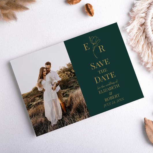 Emerald Green Floral Monogram Foto Save the Date Einladung
