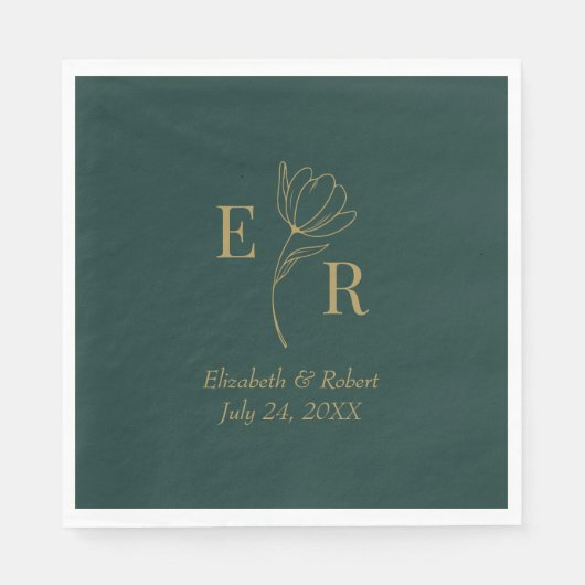 Emerald Green Floral Monogram Wedding Serviette (Vorderseite)