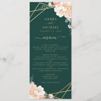 Emerald Green Floral Peach Gold Hochzeitsempfang Menükarte