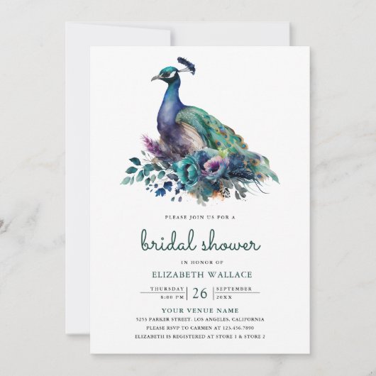 Emerald Green Floral Peacock Foto Brautparty Einladung (Vorderseite)