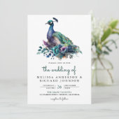Emerald Green Floral Peacock Foto QR Code Wedding Einladung (Stehend Vorderseite)