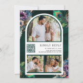 Emerald Green Floral Peacock Foto QR Code Wedding Einladung (Rückseite)