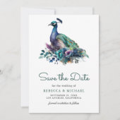 Emerald Green Floral Peacock Foto Wedding Save The Date (Vorderseite)