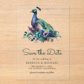 Emerald Green Floral Peacock Hochzeit retten Datum Acryleinladungen (Vorderseite)