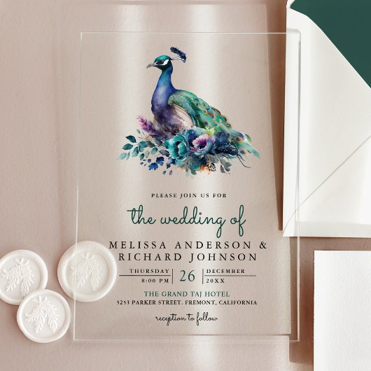 Emerald Green Floral Peacock Wedding Acryleinladungen