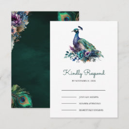 Emerald Green Floral Peacock Wedding RSVP Karte