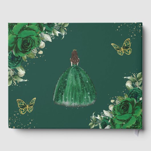 Emerald Green Floral Princess Dress Quinceanera Gästebuch (Rückseite)
